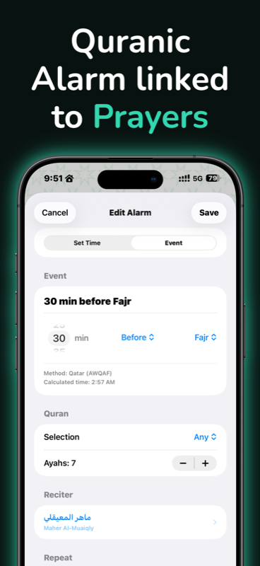 Quran Alarm prayer setup screen
